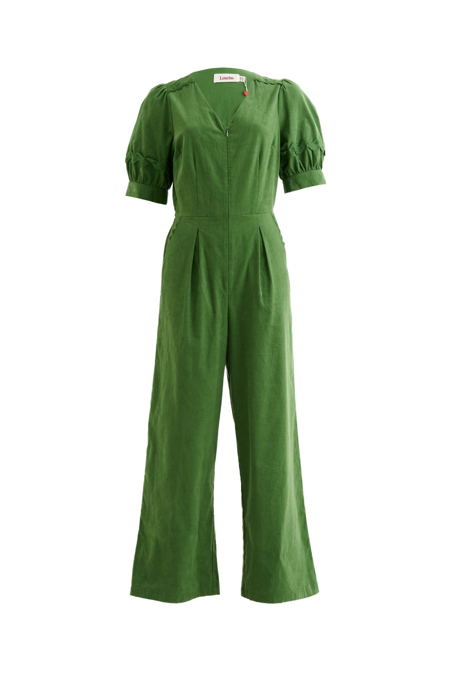 Finlay Babycord V Neck Ric Rac Trim Jumpsuit - Olive Green - Bascora