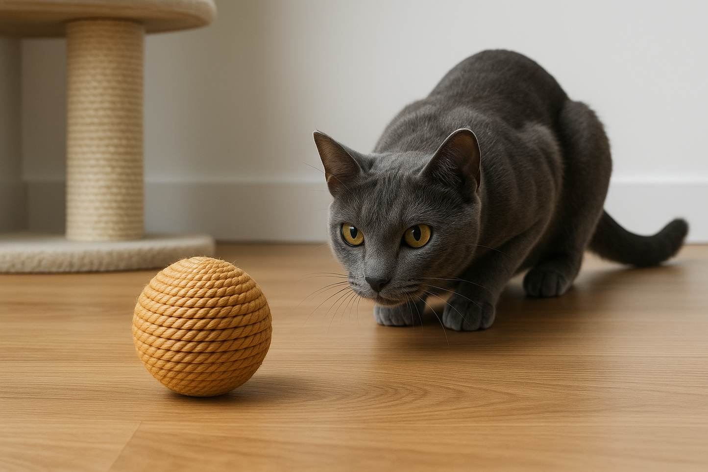 Gray cat in hunting position with sisal ball
