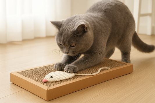 Gray cat intensely scratching the corrugated cardboard surface
