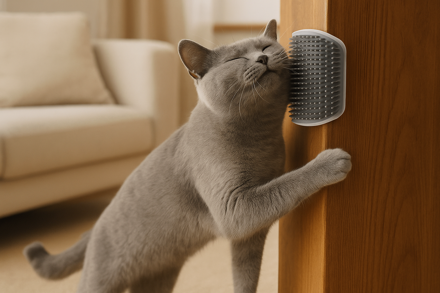 Gray cat stretching to use corner brush on furniture