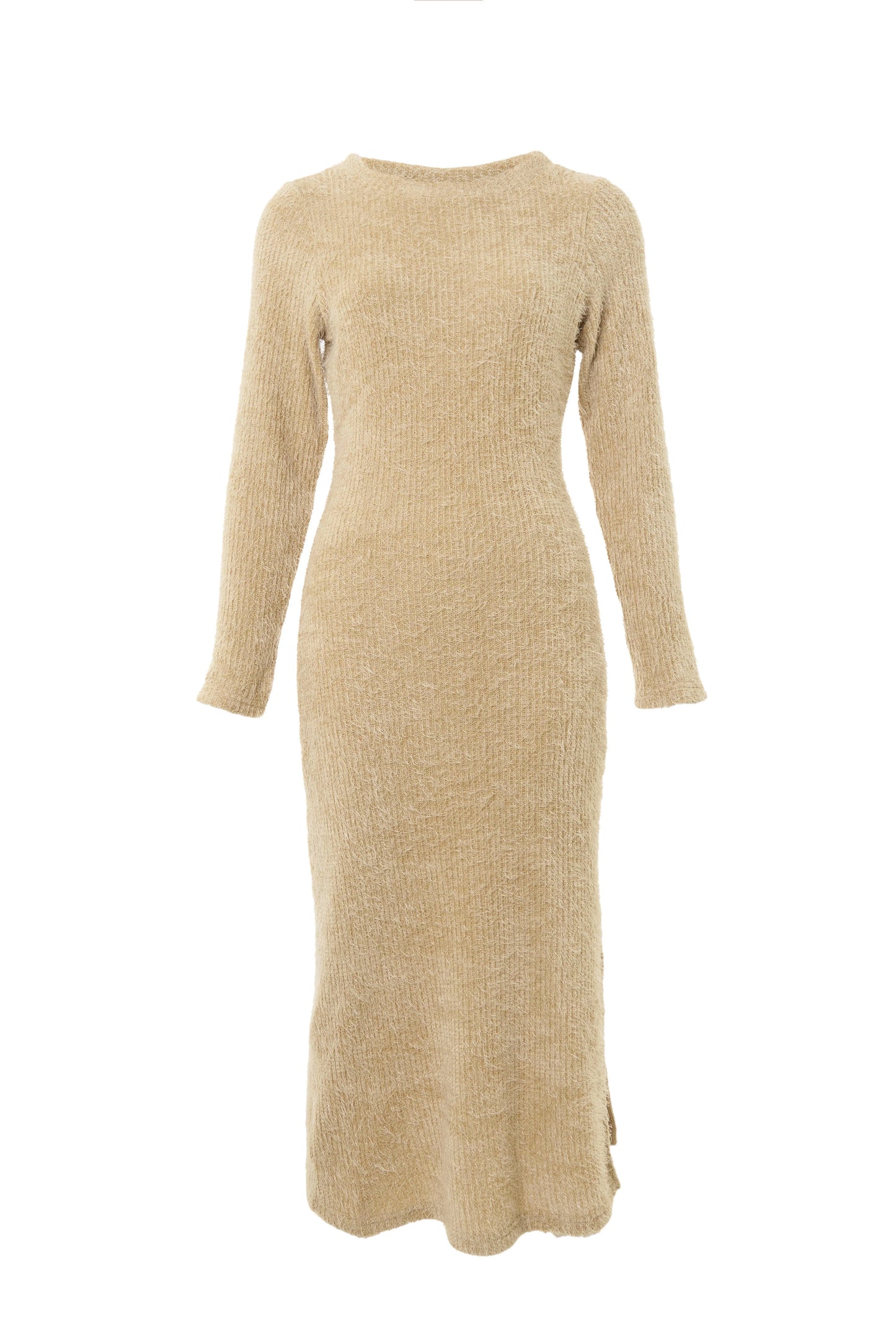 Guila Eyelash Rib Long Sleeve Midi Dress β Beige - Bascora