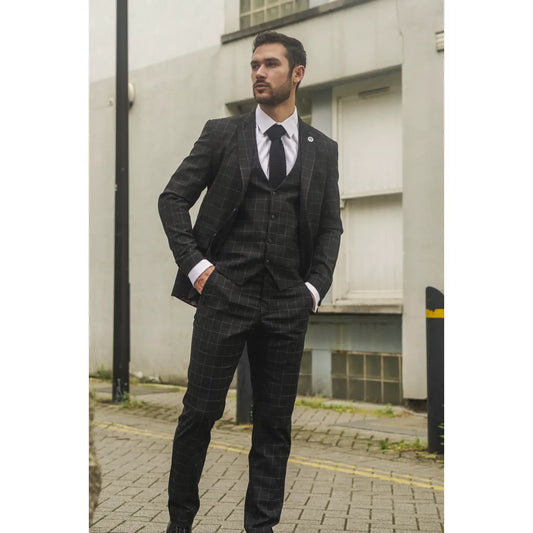 Men's Black Checked Tailored Fit 3 Piece Suit