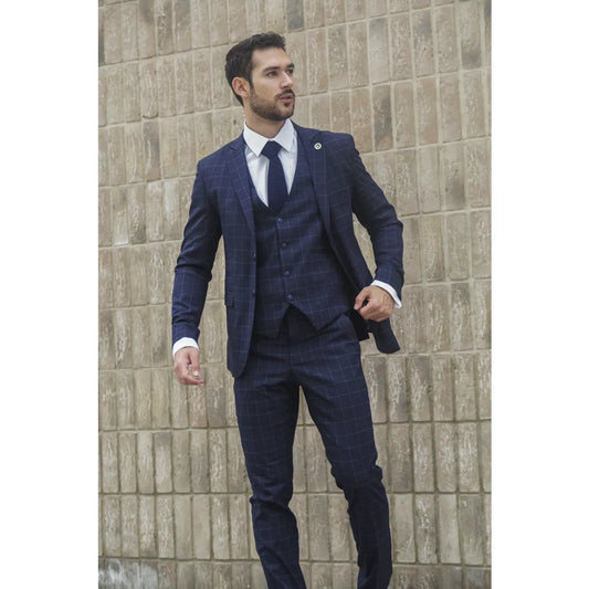 Men's Navy Checked Tailored Fit 3 Piece Suit