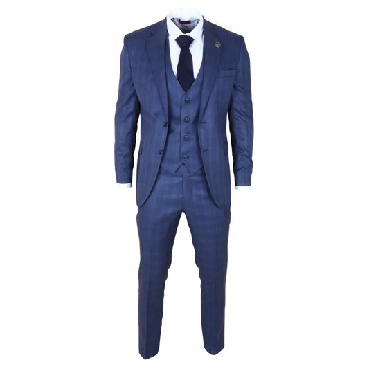 Men's Blue 3 Piece Prince of Wales Check Suit