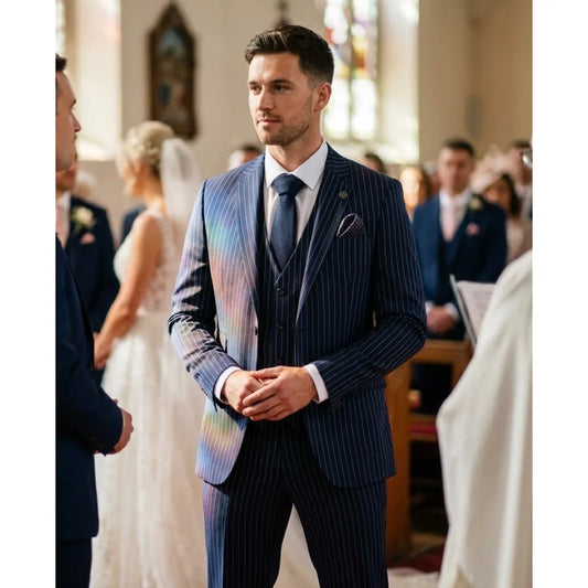 Men's Classic Pinstripe 3 Piece Navy Blue Suit by TruClothing