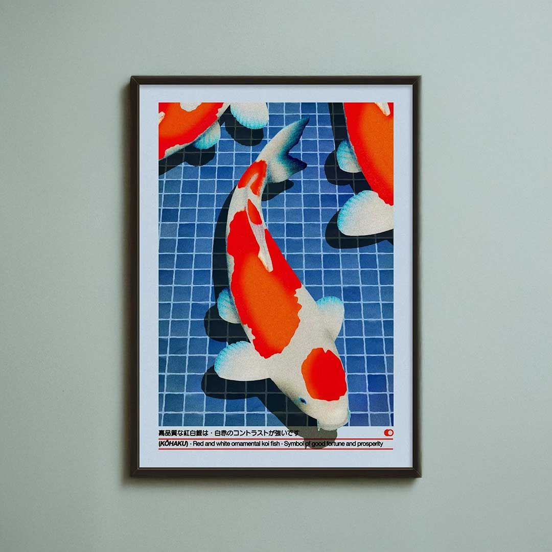Framed artwork of koi fish on a blue grid background