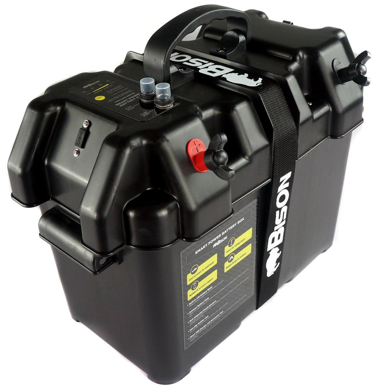 Black battery box with BISON branding on a white background