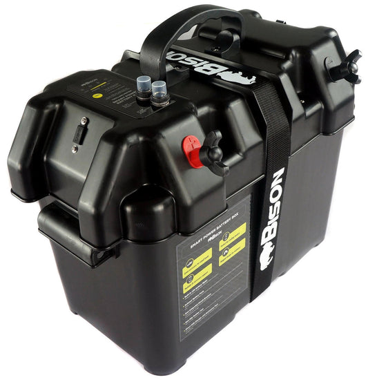 Black battery box with BISON branding on a white background