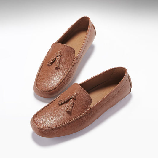 Hugs & Co. Tan Grain Leather Tasselled Driving Loafers for Men