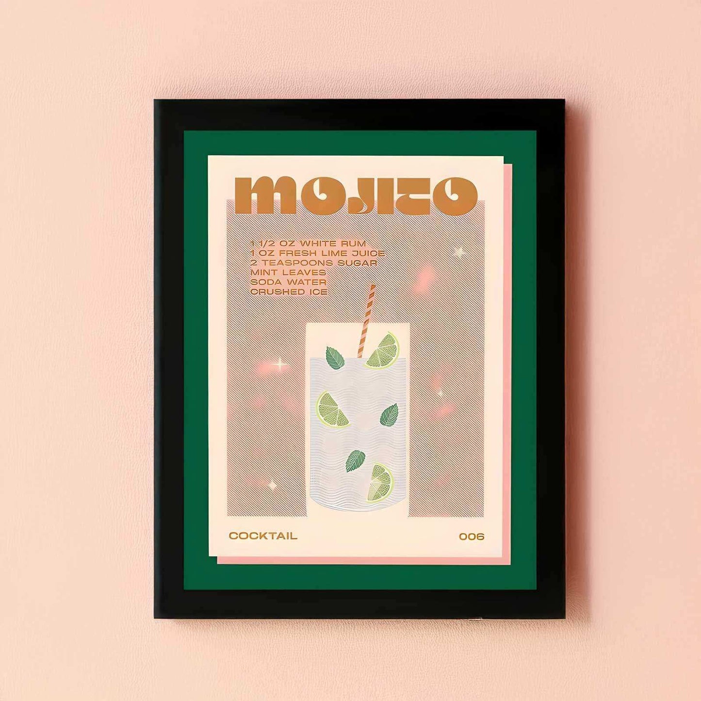 Framed poster of a mojito cocktail recipe on a beige background