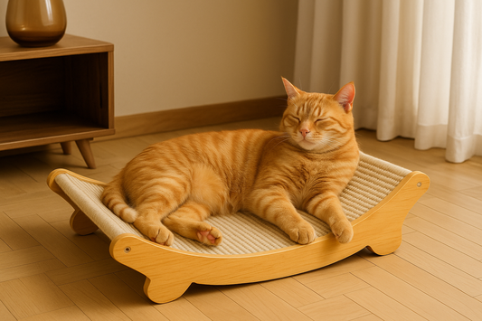 Orange tabby cat resting on wooden scratcher bed
