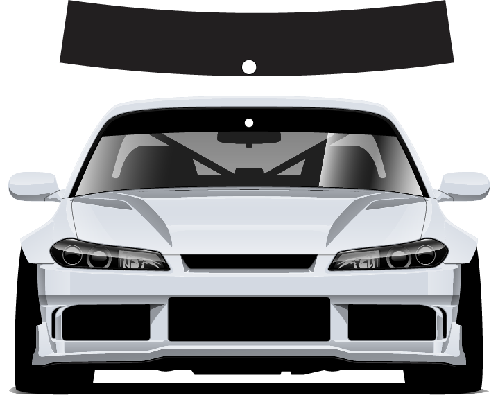 Car with a black sunshade on the windshield against a white background