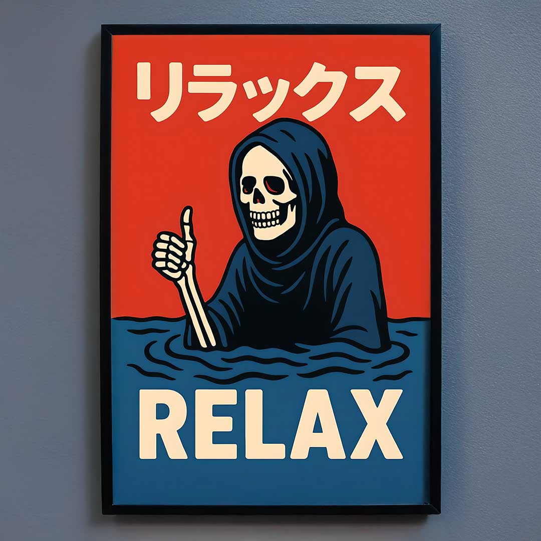 Framed poster with a skeleton giving a thumbs up and the word 'RELAX' on a red and blue background.