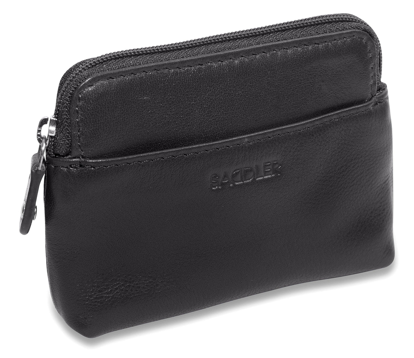 Black leather wallet with a zipper on a white background