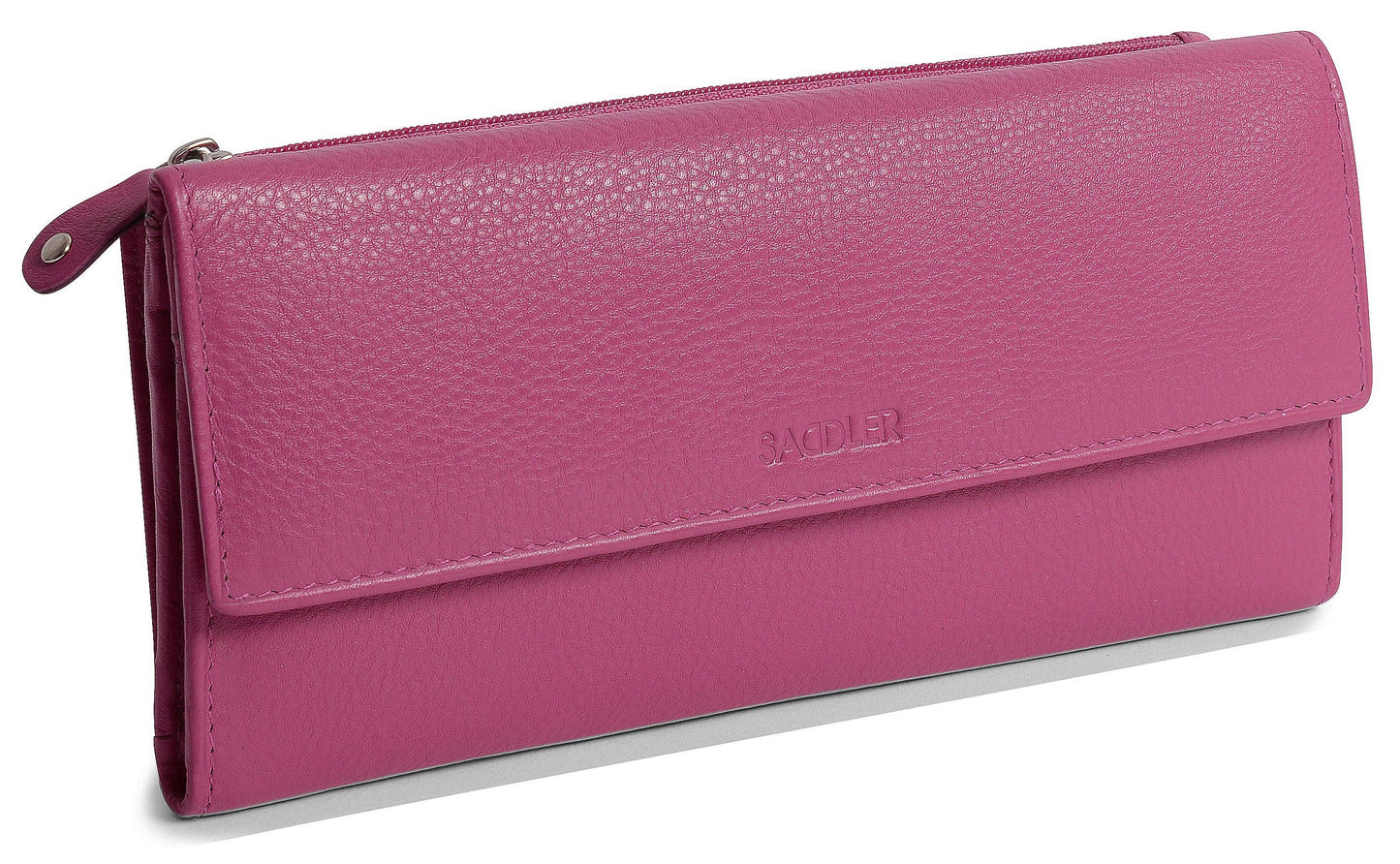 Pink wallet with a visible brand logo on a white background