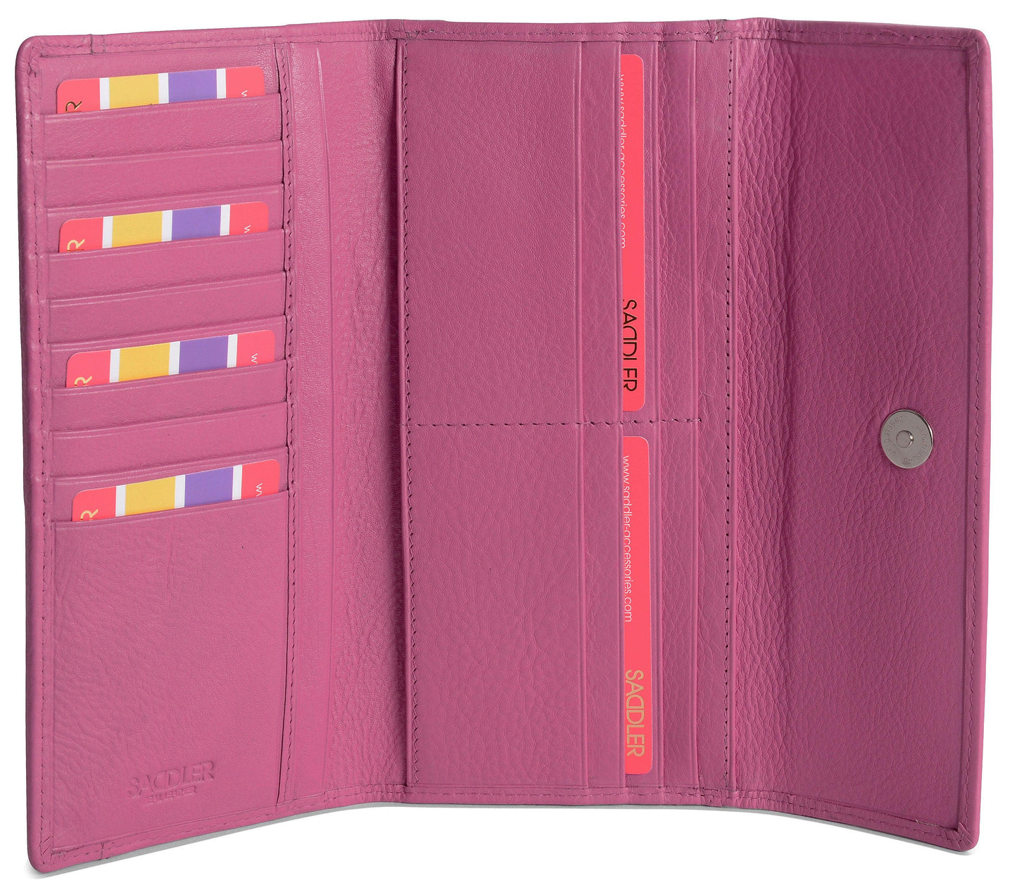 Pink wallet with card slots on a white background