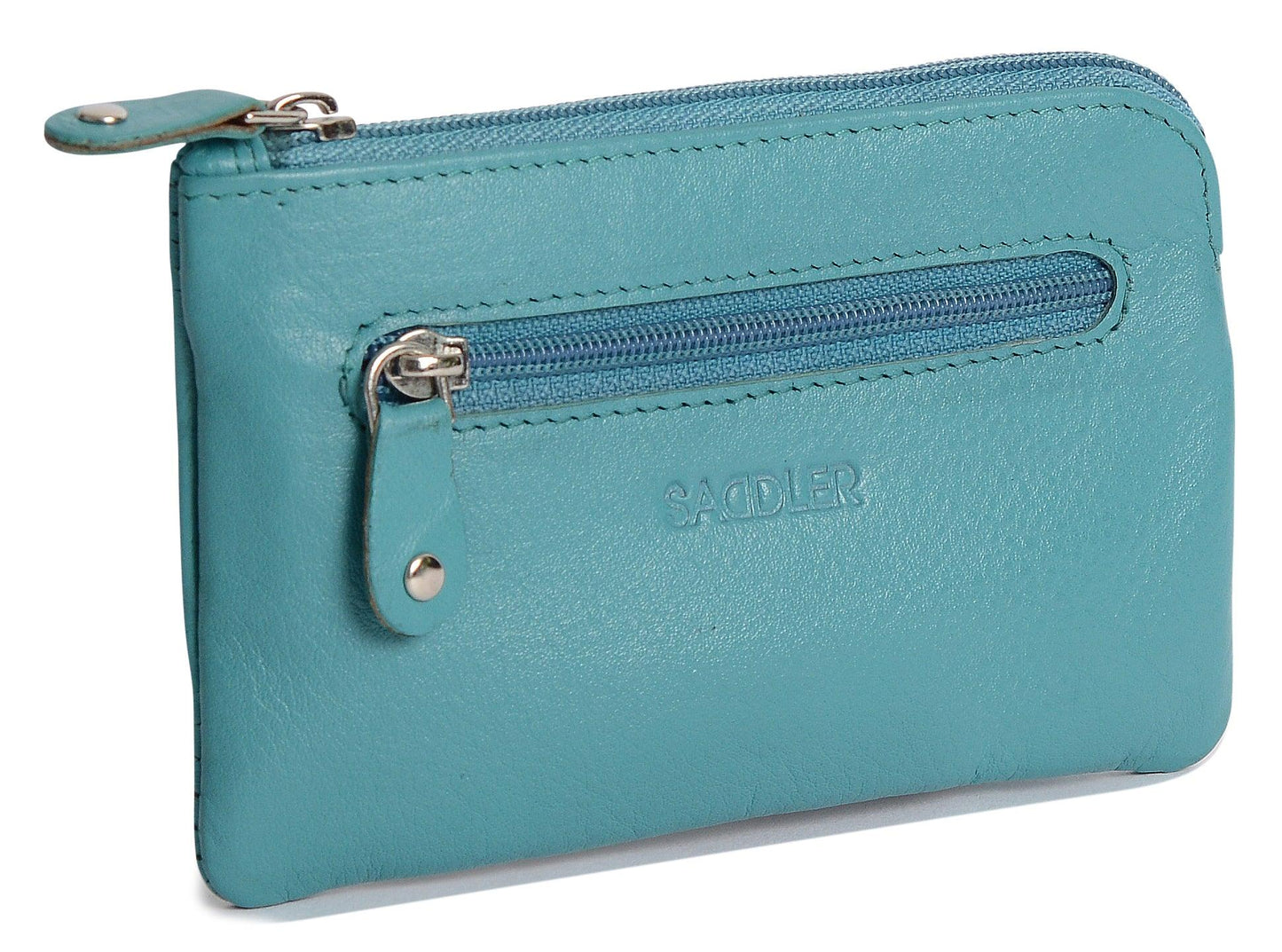 Teal wallet with a zipper on a white background