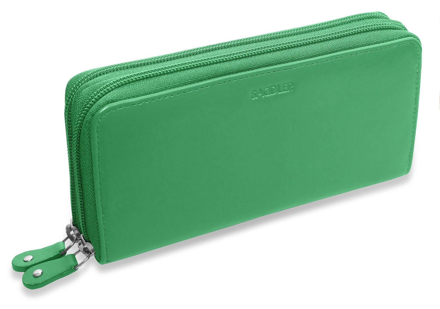 Green wallet with a zipper on a white background