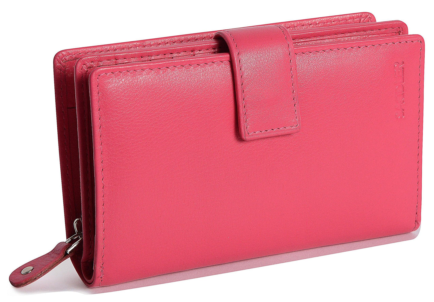 Pink wallet with a strap on a white background