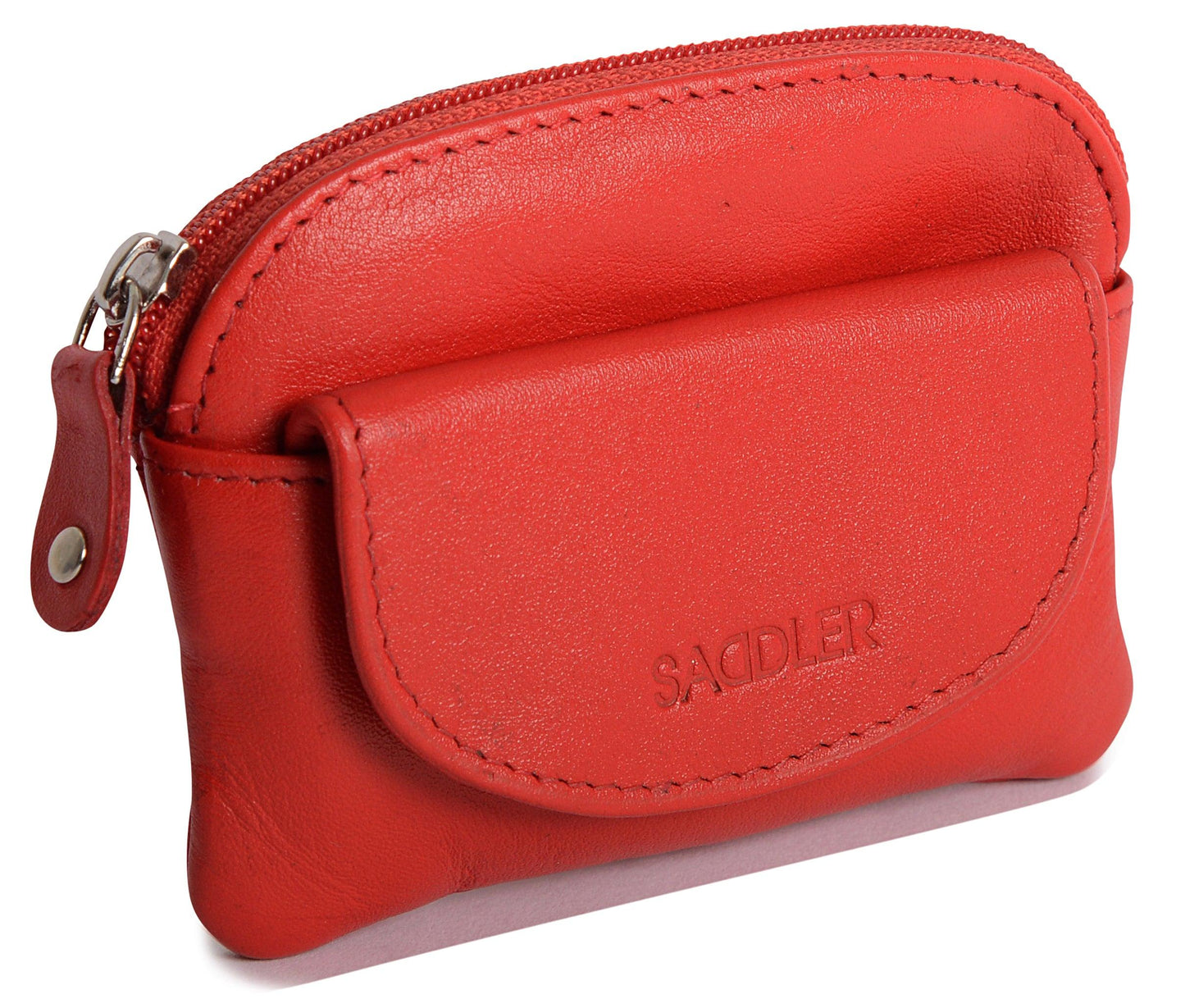 Red leather pouch with a zipper on a white background