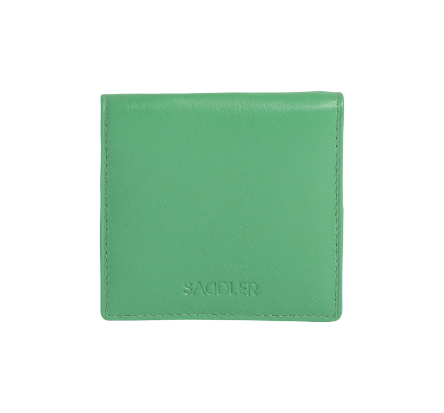 Green leather wallet with 'Saddler' branding on a white background