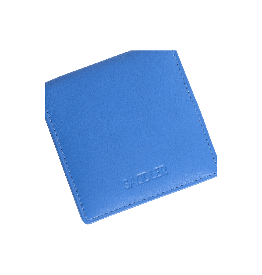 Blue leather wallet with 'SADDLER' branding on a white background