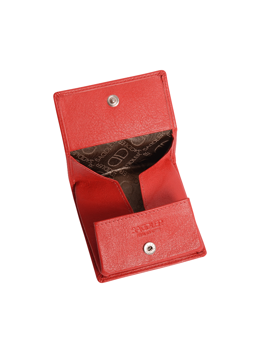 Red wallet with a brand logo on a white background