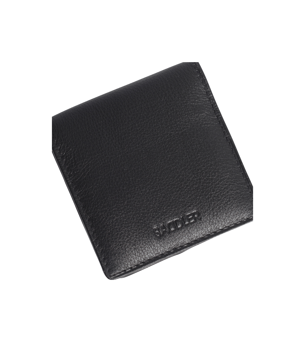 Black leather wallet with a brand logo on a white background