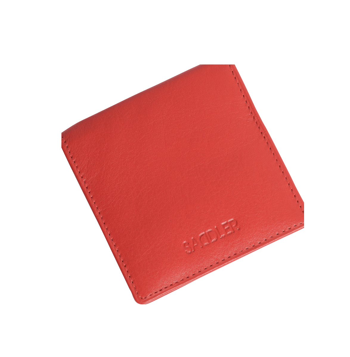 Red leather wallet with 'SADDLER' branding on a white background