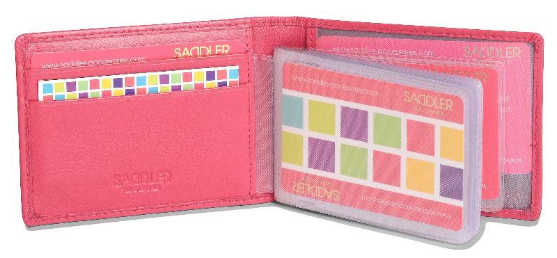 Pink wallet with colorful card holders on a white background