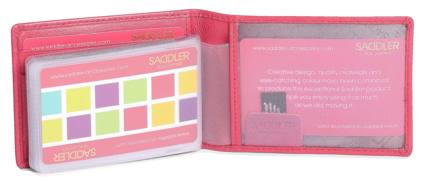 Pink wallet with colorful card holder and SaddleStitch branding