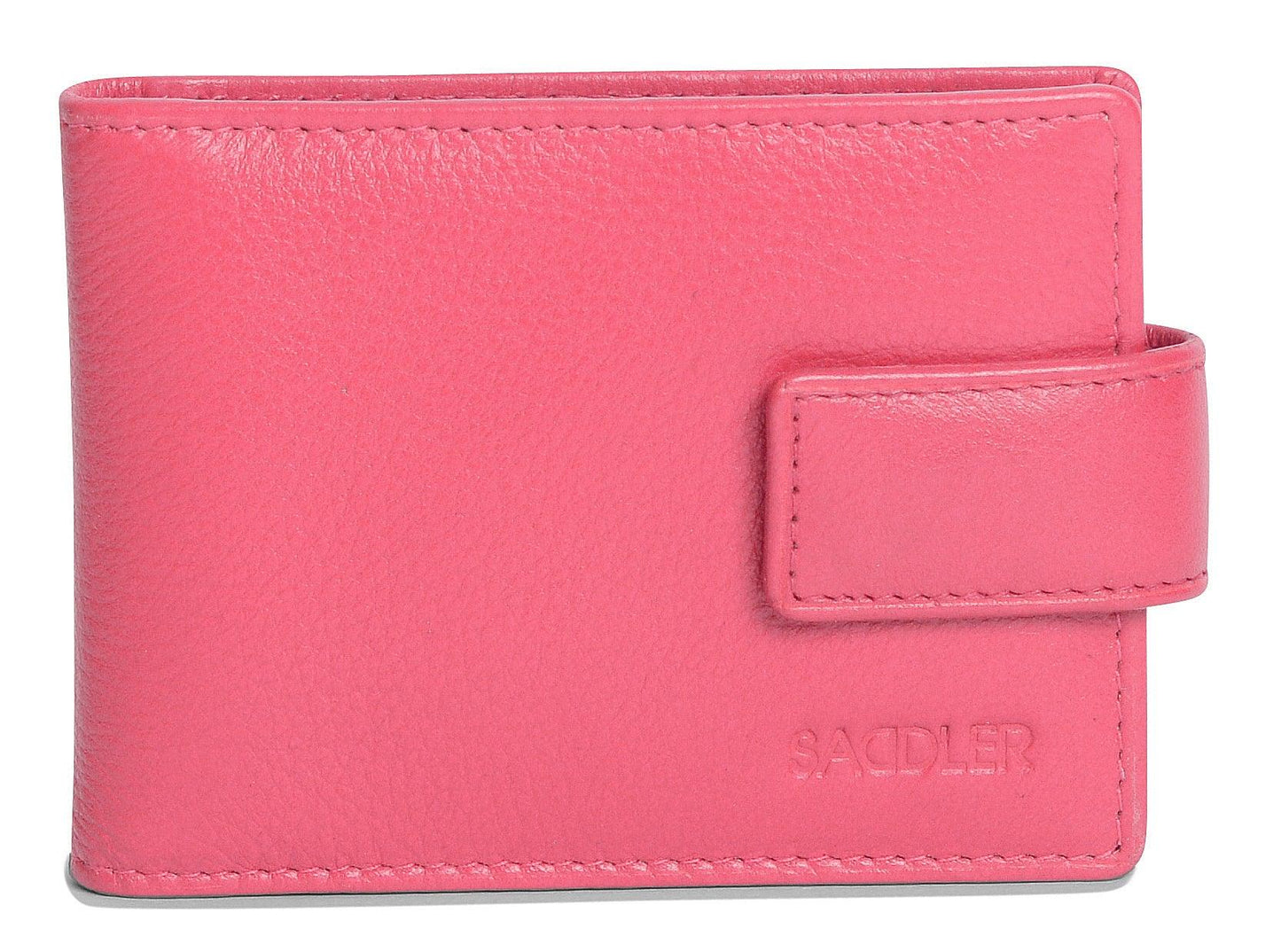 Pink leather wallet with a visible brand logo on a white background