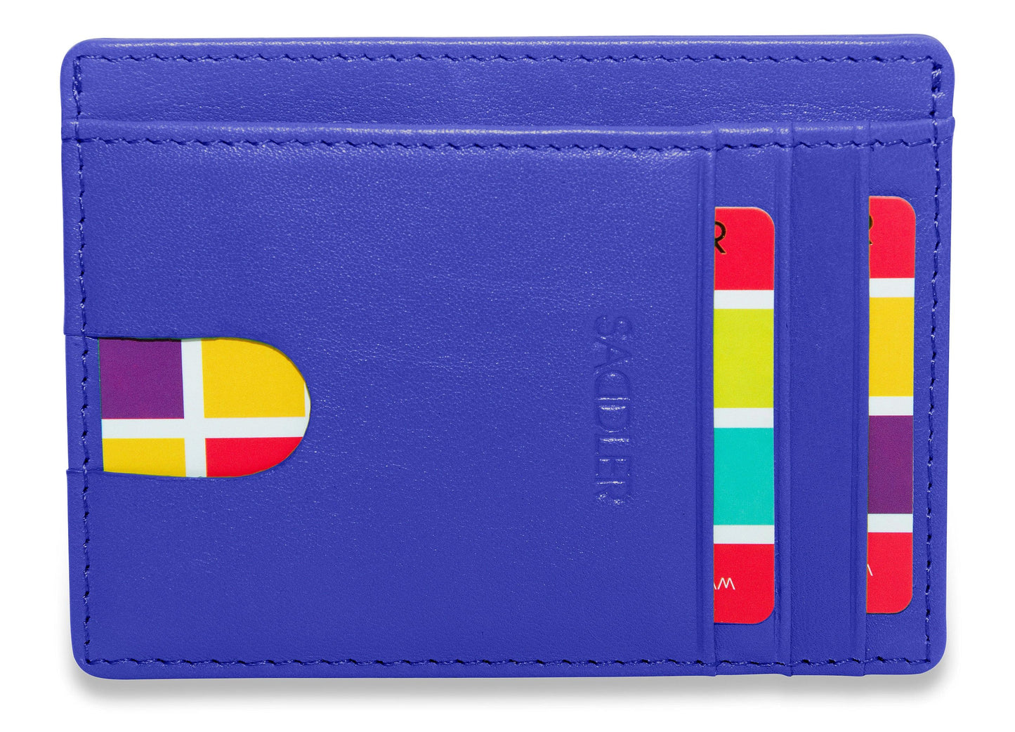Blue cardholder with colorful design on a white background