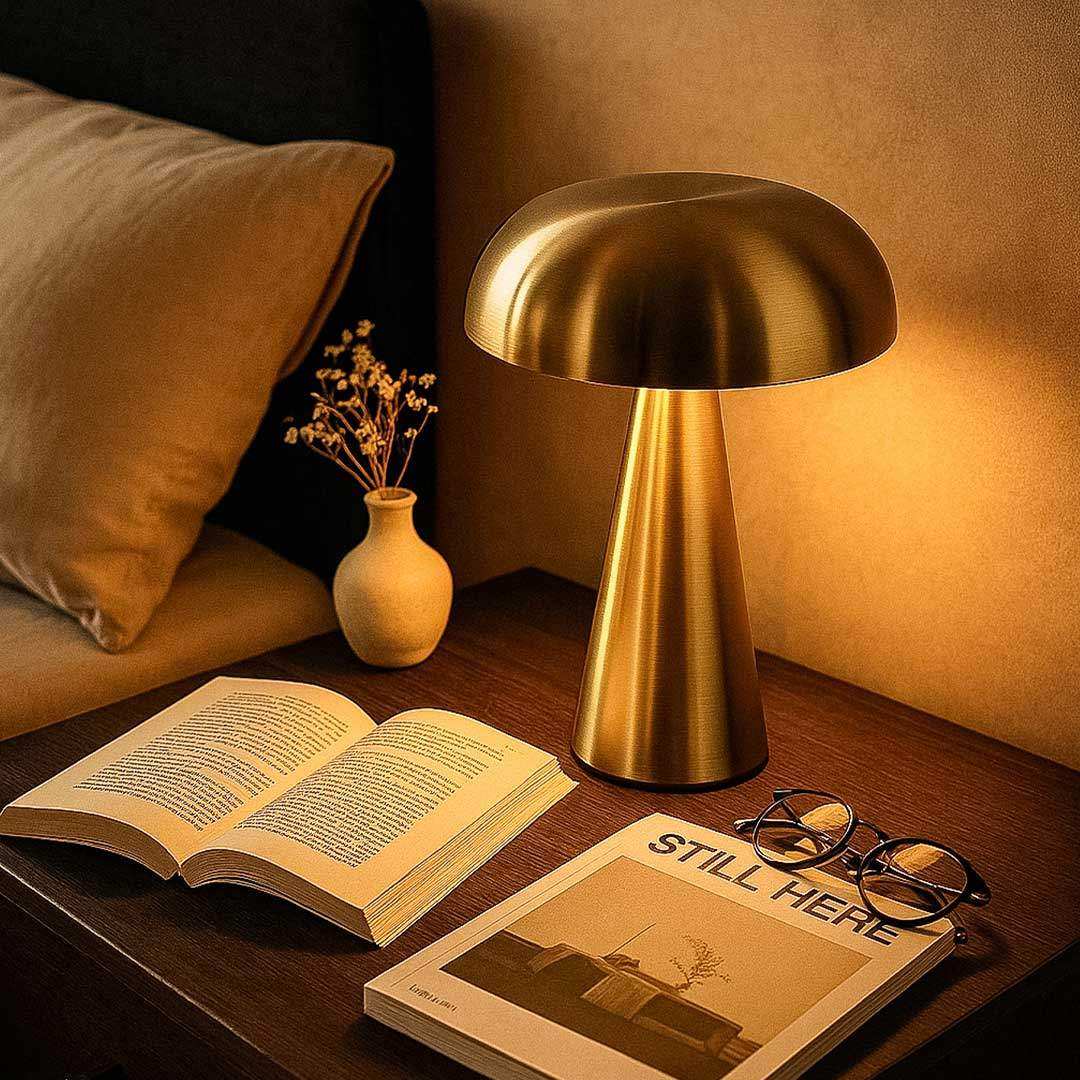 Gold table lamp on a wooden surface with an open book and glasses nearby.