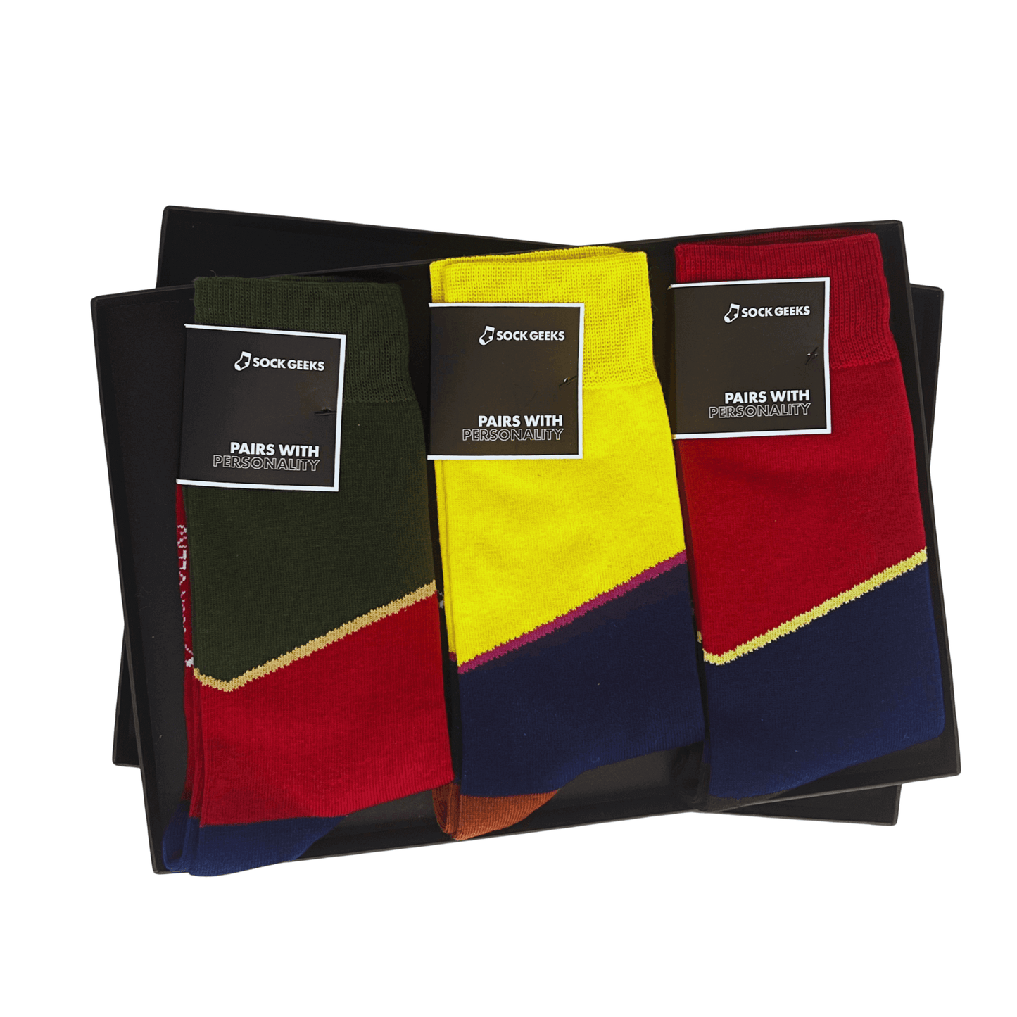 Three pairs of socks in black, yellow, and red with matching packaging on a white background.