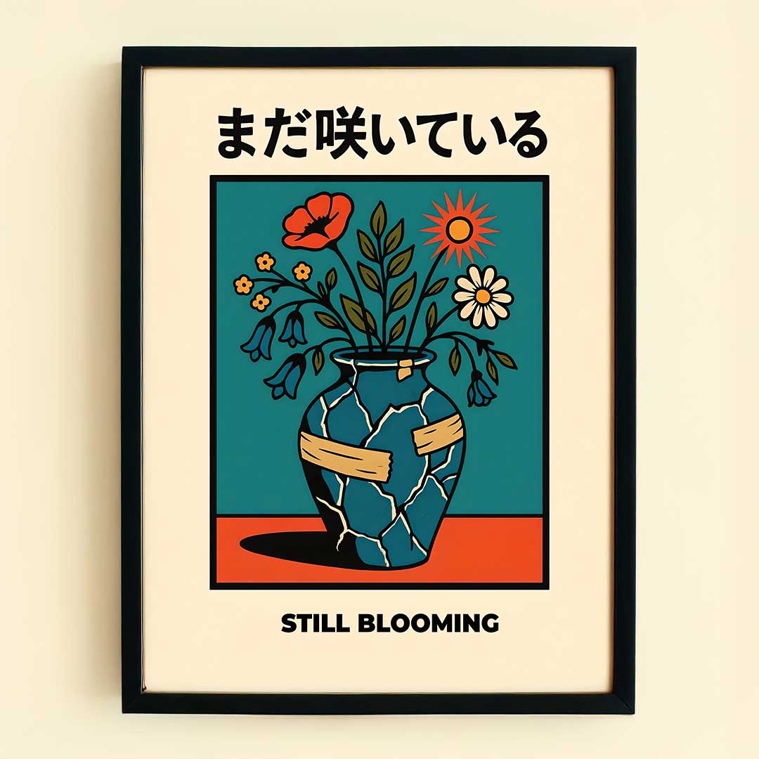 Framed artwork with a blue vase holding flowers and Japanese text on a beige background