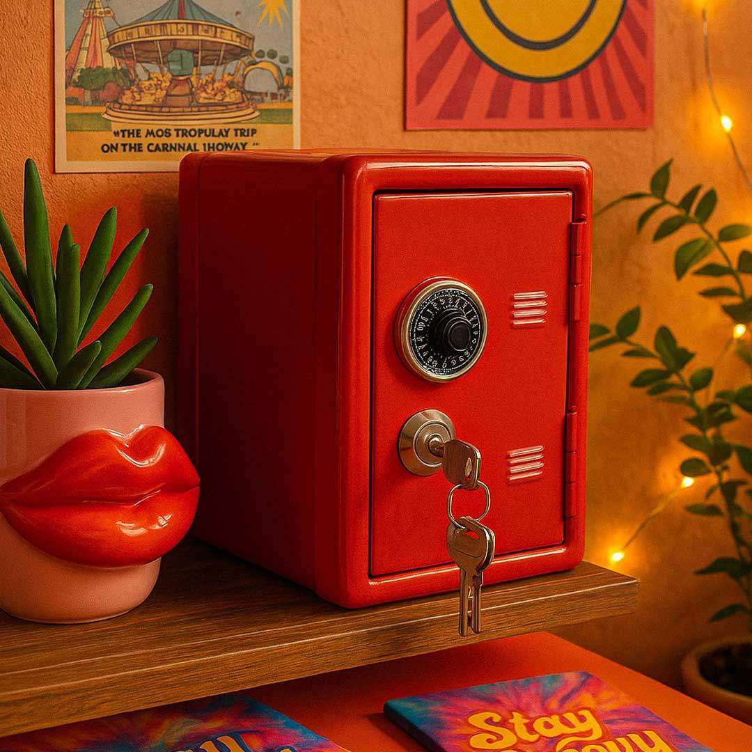 Red safe box on a shelf with decorative items including a plant and colorful posters.