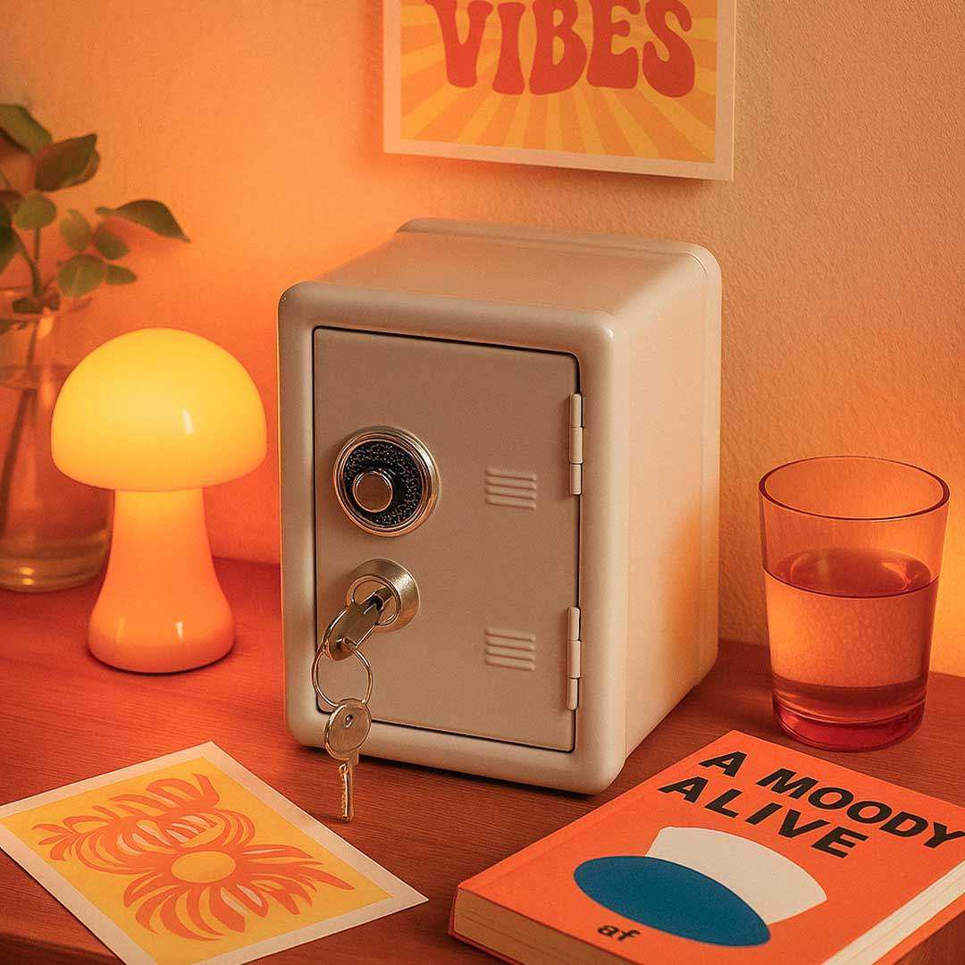 Small beige safe on a wooden surface with a glowing lamp, plant, and book in a warm setting.