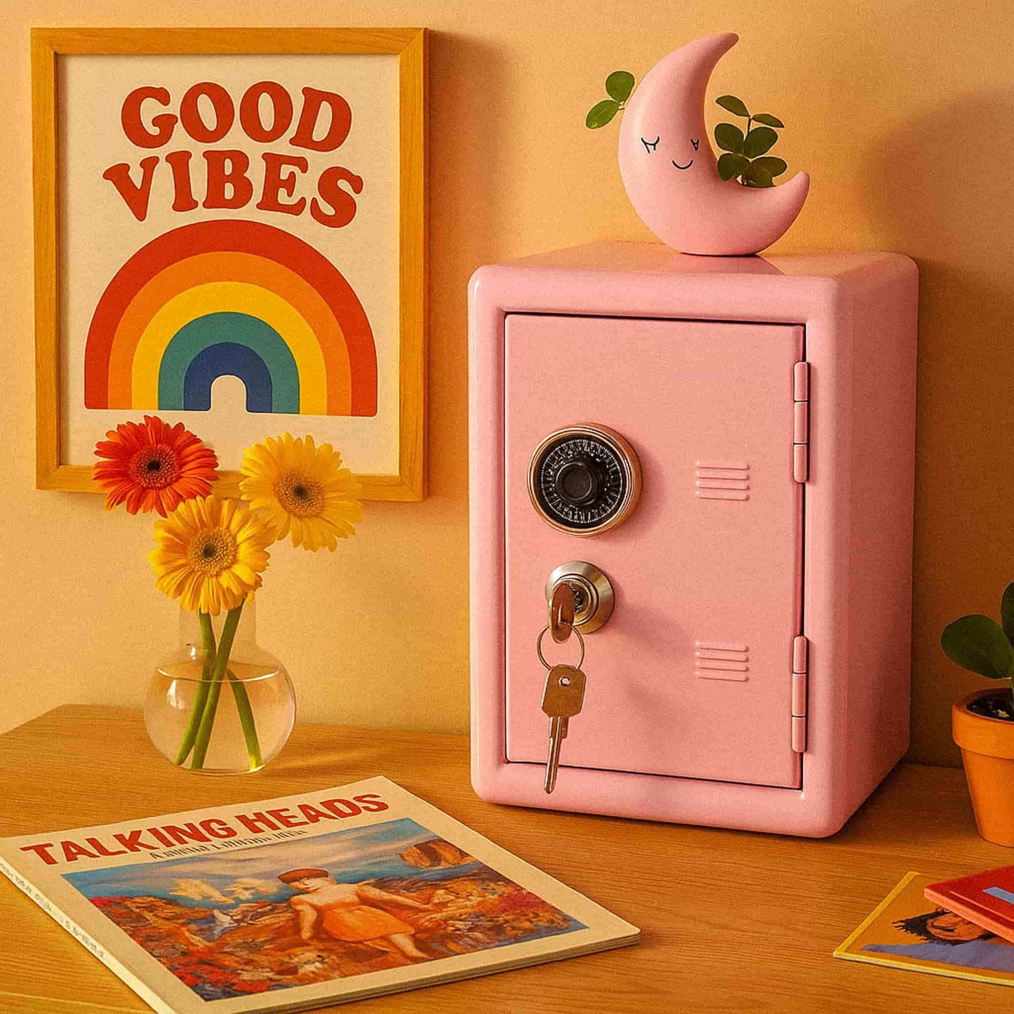 Pink safe box with a key, framed 'Good Vibes' poster, and flowers on a wooden surface.