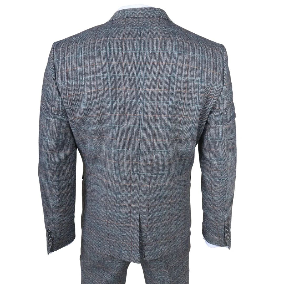 Men's 3 Piece Wool Tweed Light Blue Grey Check Suit