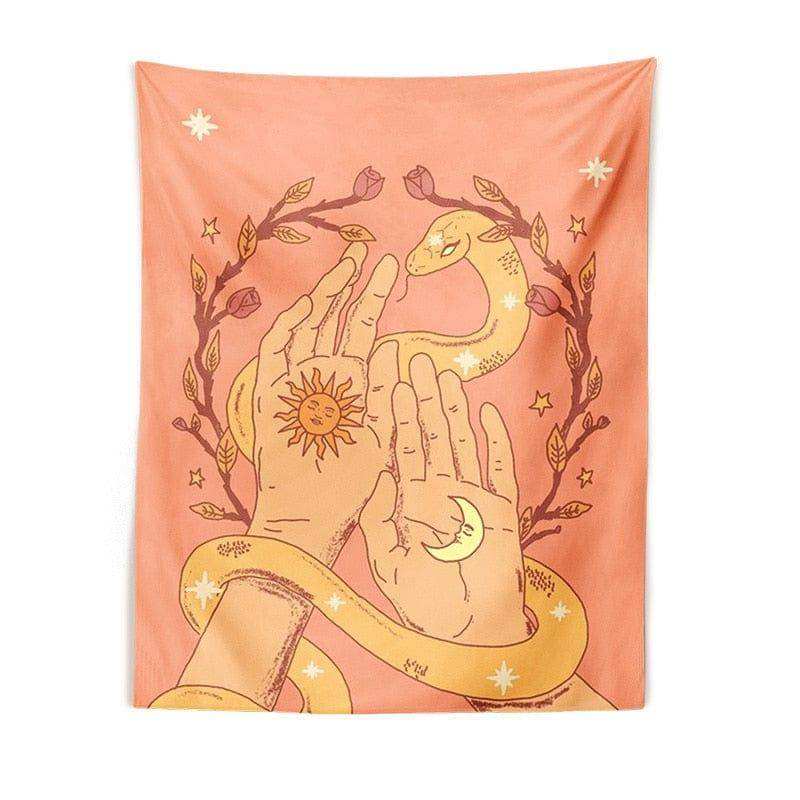 Tapestry with hands, snake, sun, and moon design on a peach background