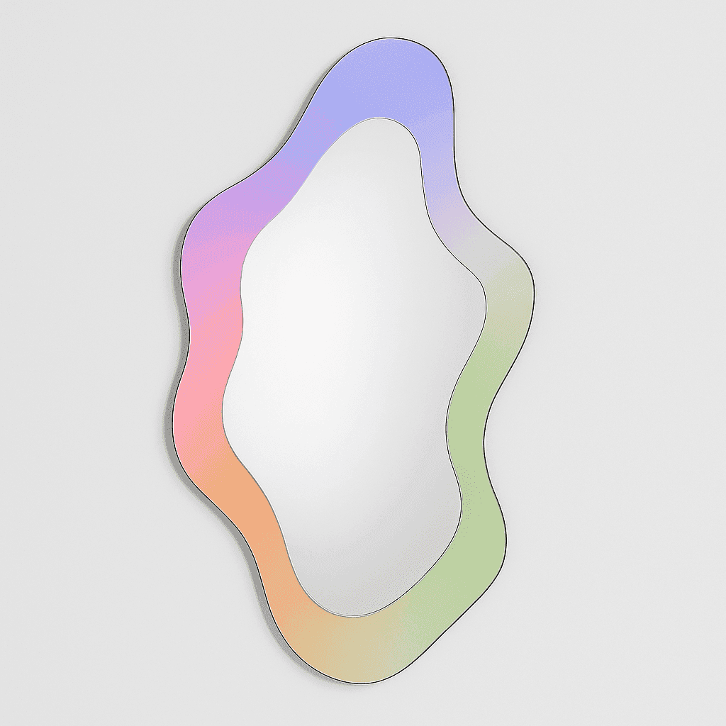Gradient-colored mirror with wavy edge on a light gray background