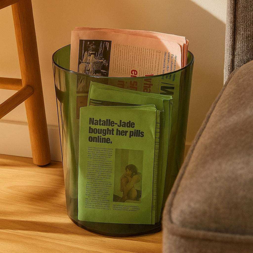Green trash bin with newspapers inside on a wooden floor.
