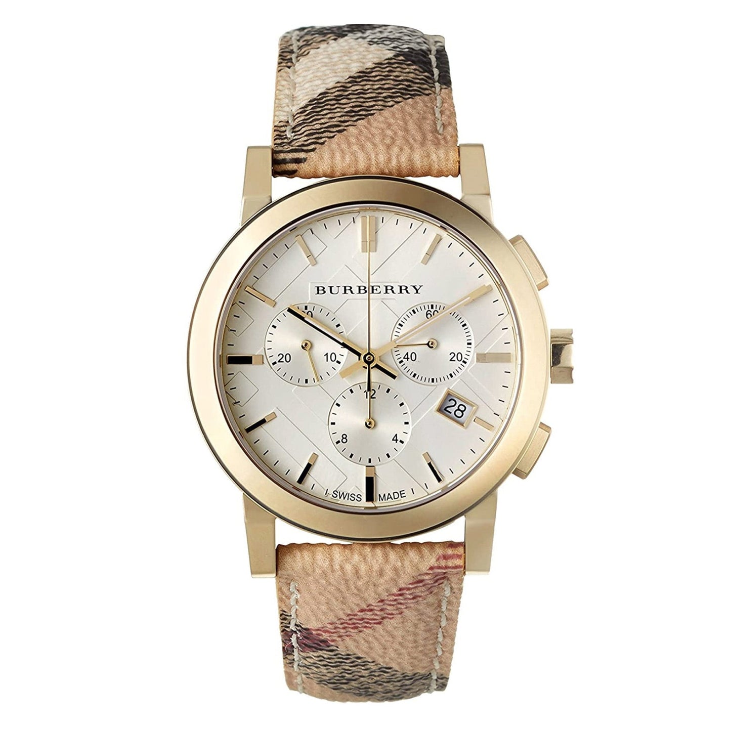 Burberry watch with gold case and checkered strap on a white background