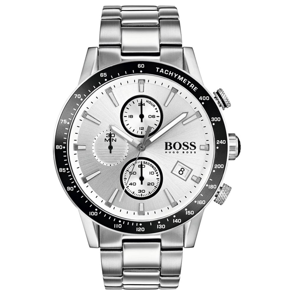 Silver Hugo Boss watch with a white face on a white background