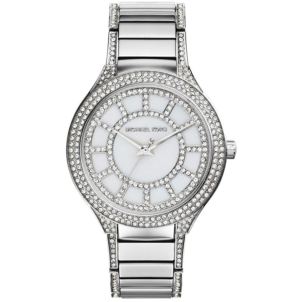 Silver watch with gemstone accents on a white background