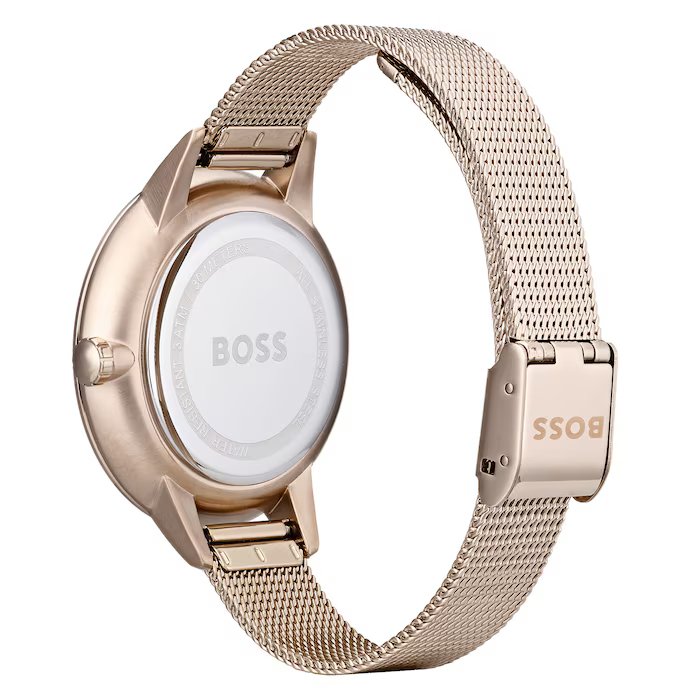Rose gold watch with mesh band on a white background