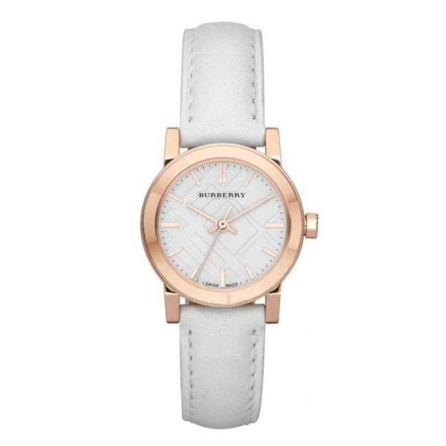 Burberry watch with white strap and rose gold case on a white background