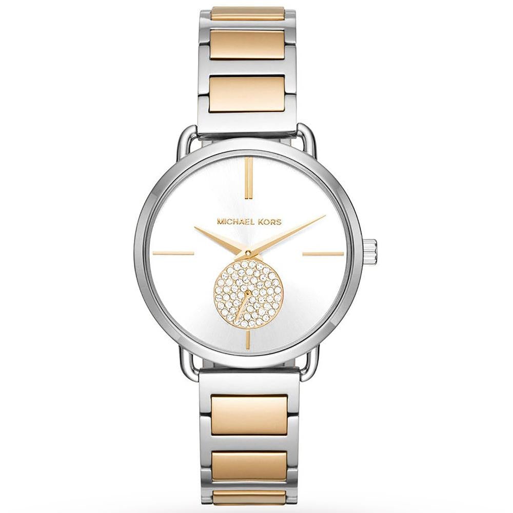 Two-tone watch with gold and silver band on a white background