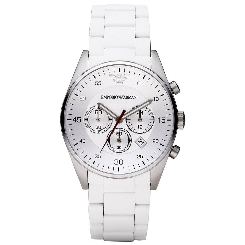 White Emporio Armani watch with a detailed face on a white background